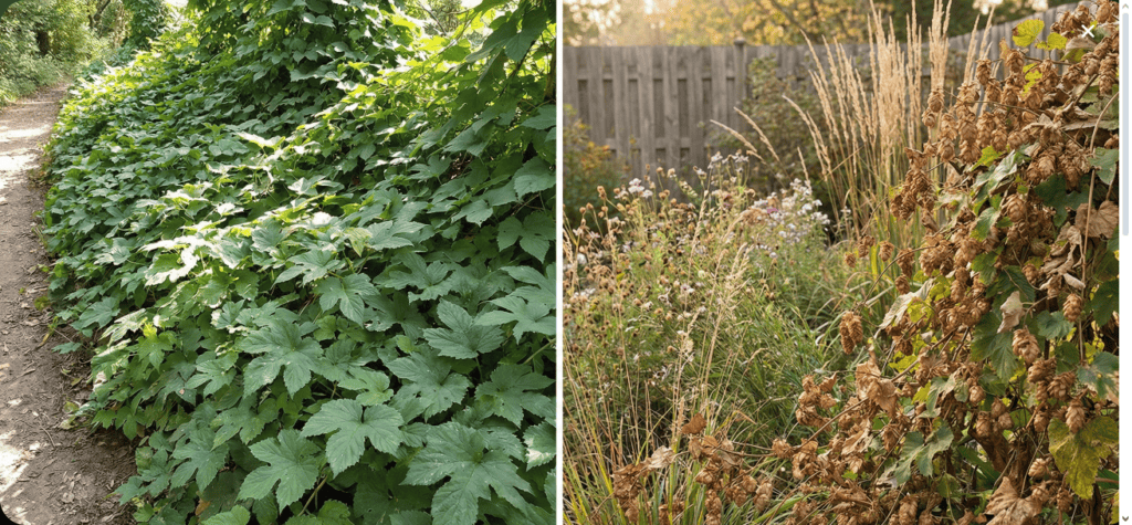 Zakwitające chmielowe sadzonki na ogrodzie, naturalne uprawy chmielu dla piwowarów.