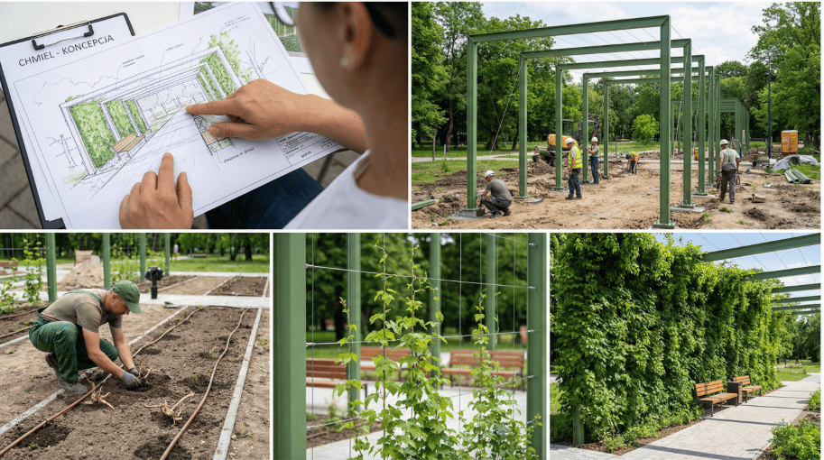 Sadzonki chmielu w fazie uprawy i sadzenia na ogrodzie piwowarskim.